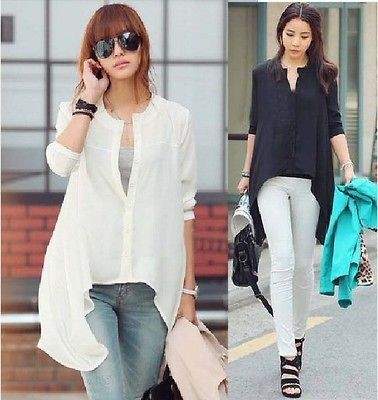 BUTTON DOWN ASYMMETRIC HEM WOMEN SHIRT BLOUSE XS/S BLACK/WHITE