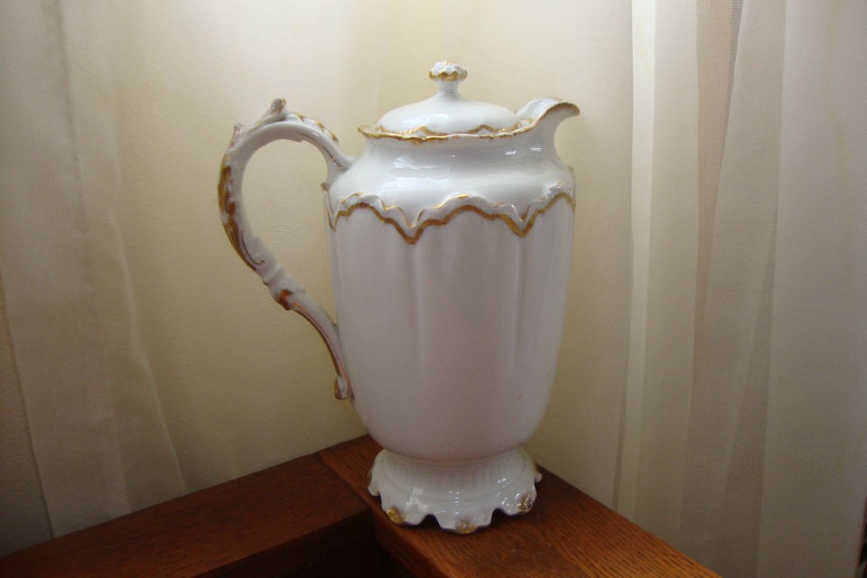 Antique Theo Haviland Limoges France Embossed Chocolate Pot White Gold 
