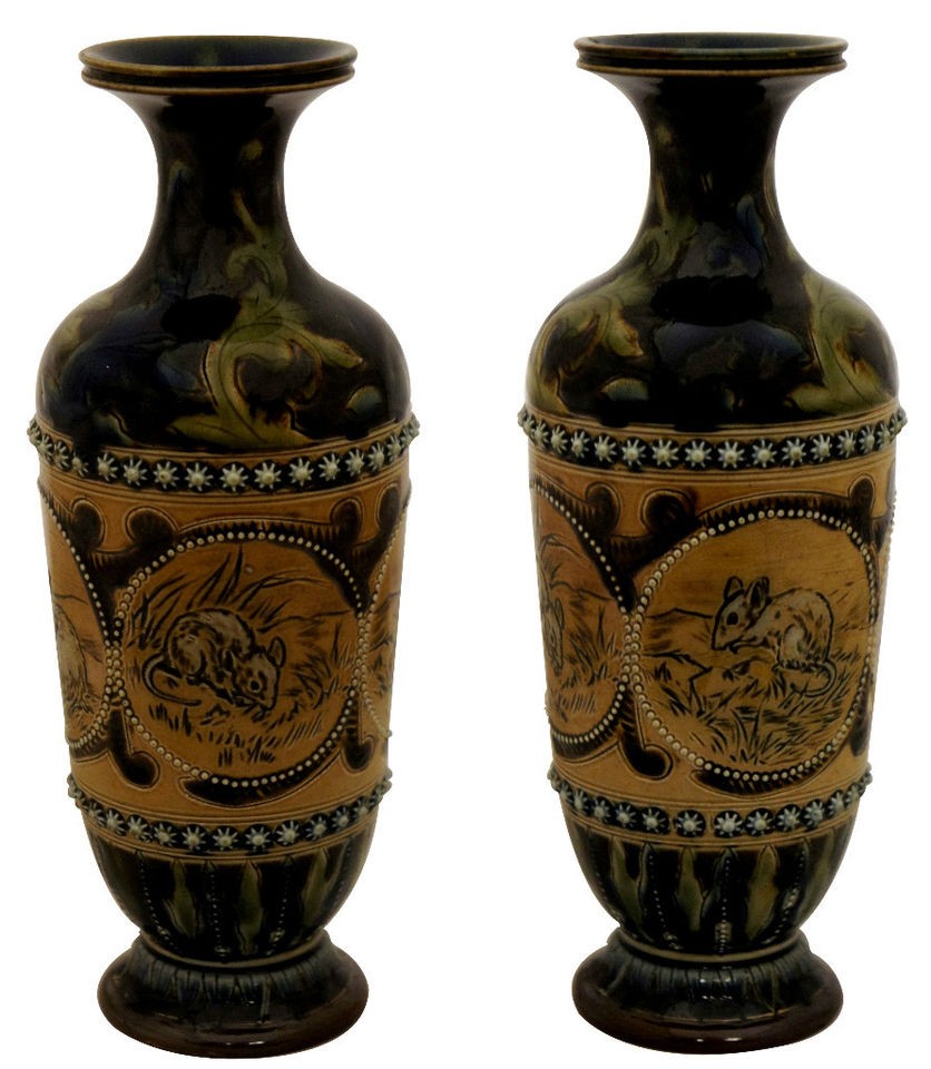   Doulton  A Pair of Rare Lambeth vases with panels of Mice  Barlow