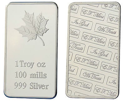 Troy Ounce Bar, 100 Mills .999 Silver Clad Bullion, 2012  Maple Leaf 