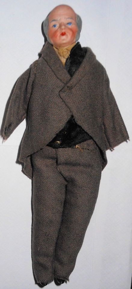 c1893 German Bisque Dollhouse Doll, Grampa, Orig Clothes, Cloth Body 