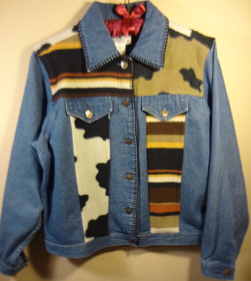 Medium Christopher & Banks Jean Jacket Fleece Cow Print Navajo Style 