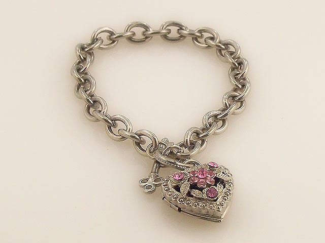 PINK CRYSTAL HEART LOCKET BRACELET SILVER TONE S0530