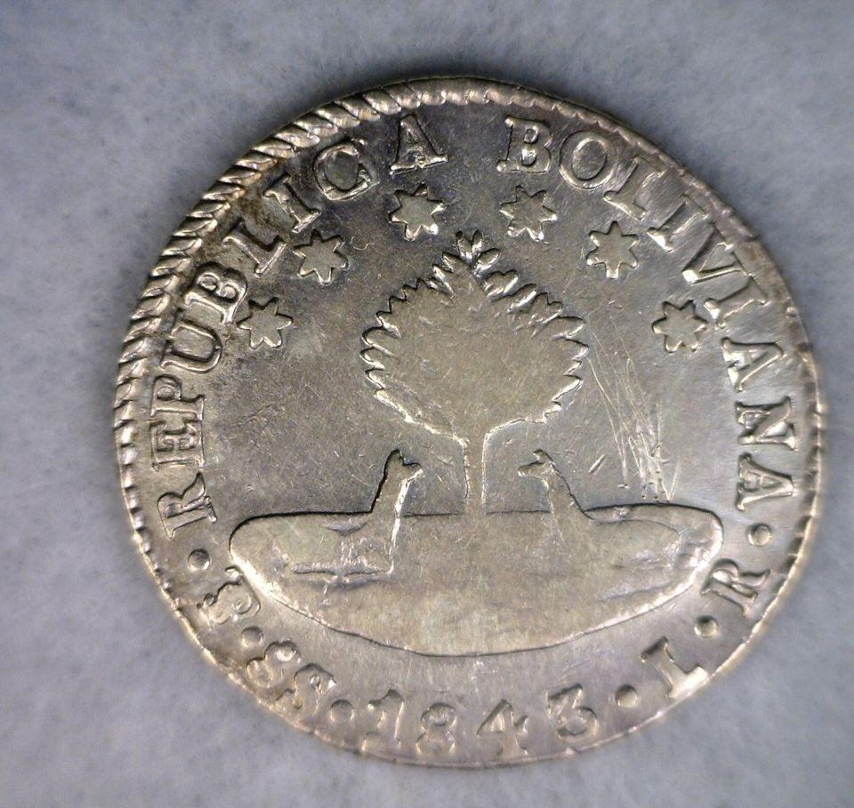 BOLIVIA 8 SOLES 1843 LR EXTRA FINE BOLIVIAN SILVER COIN