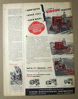 1947 Gibson Farm Tractor Ad 13 by 10.5 FEATURING THE GIBSON MODEL E