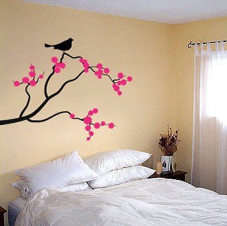 BIRD ON CHERRY BLOSSOM BRANCH   Vinyl Art Wall Decal (2 colors)