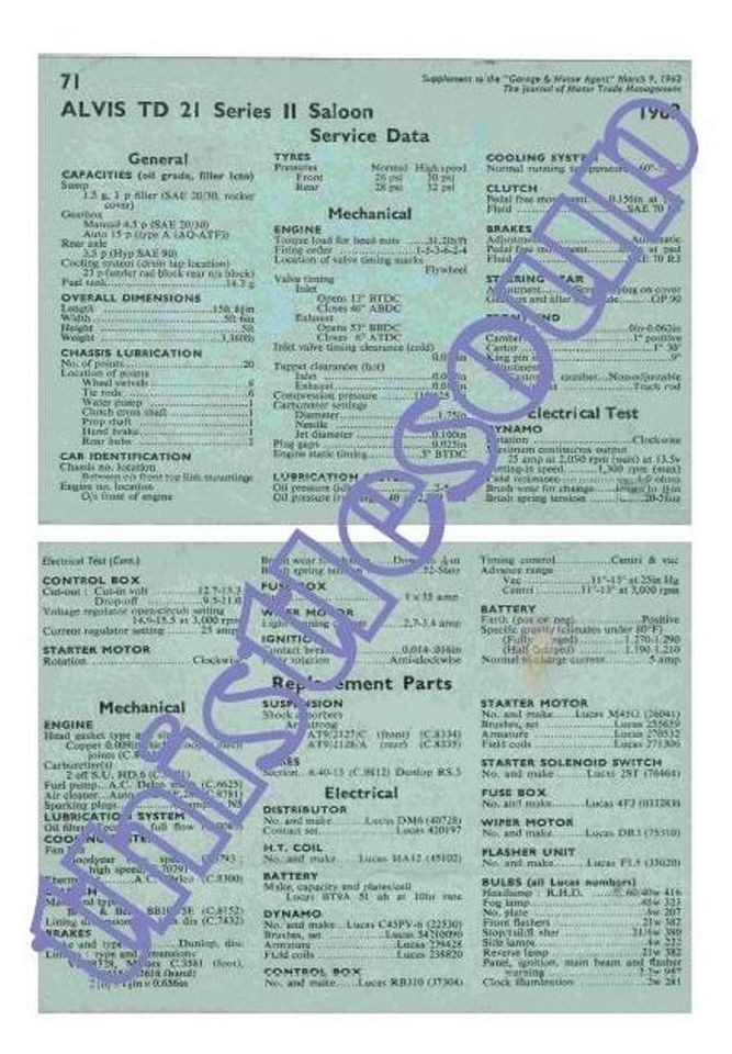 Service Data sheet   Alvis TD 21 Series II Saloon