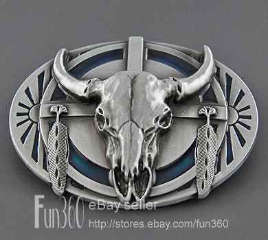 Western Cowboy Mens Bull Skull Feathers Metal Belt Buckle Indian 