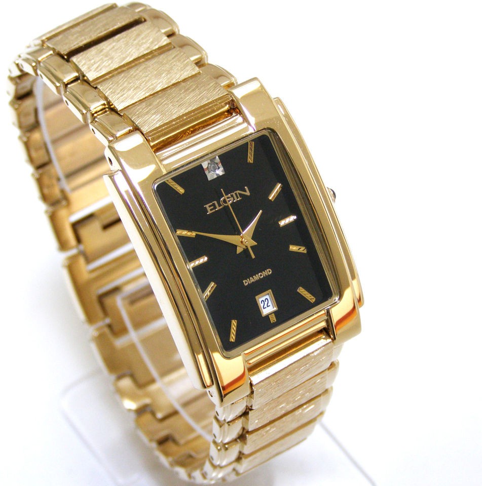 Newly listed ELGIN Diamond Date Black Face Mens Gold Watch