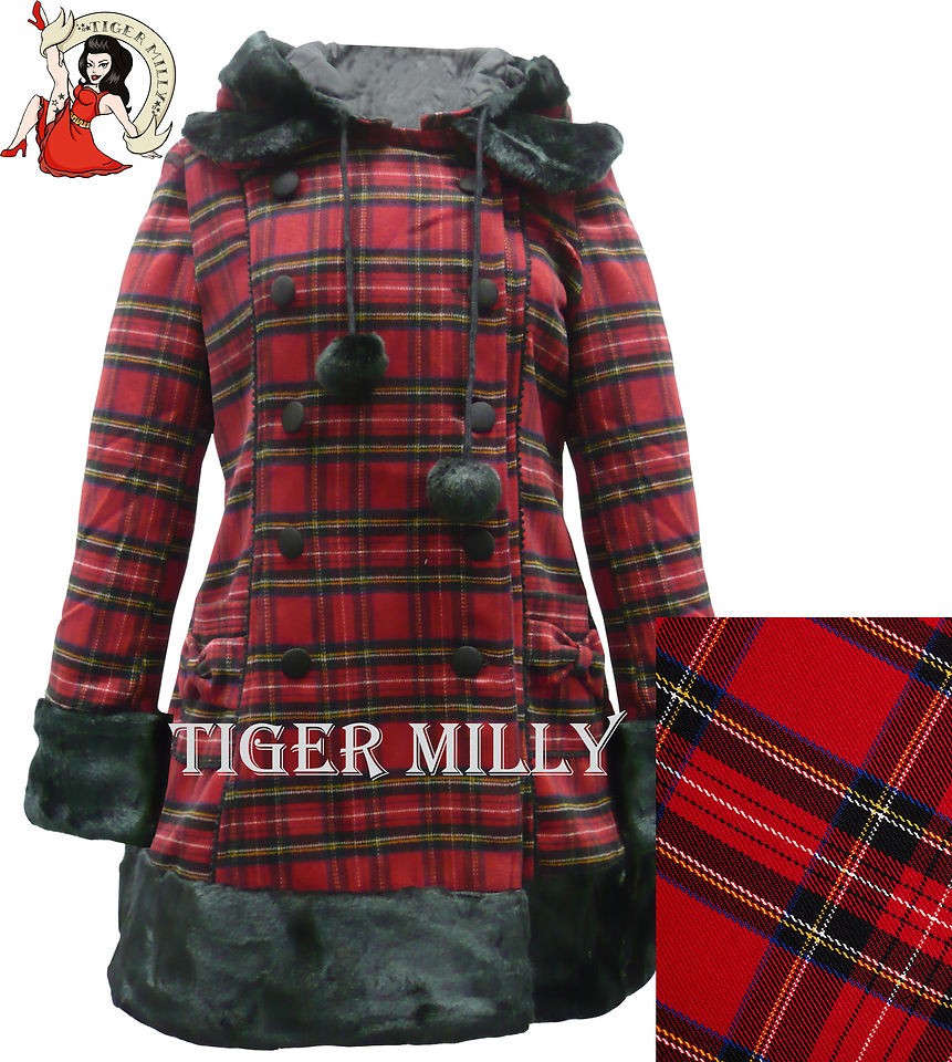 HELL BUNNY fur winter FIONA JANE LONDON TARTAN COAT RED SIZE 8 16