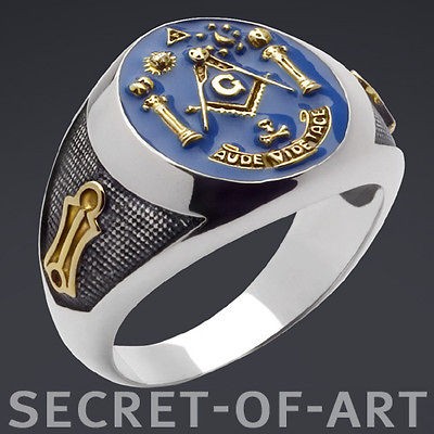 MASONIC BLUE G PILLARS AUDE SILVER RING 24K GOLD PLATED