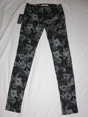 NWT WOMENS BULLHEAD FLORAL JEGGINGS SKINNY JEANS BLACK & GRAY CUTE