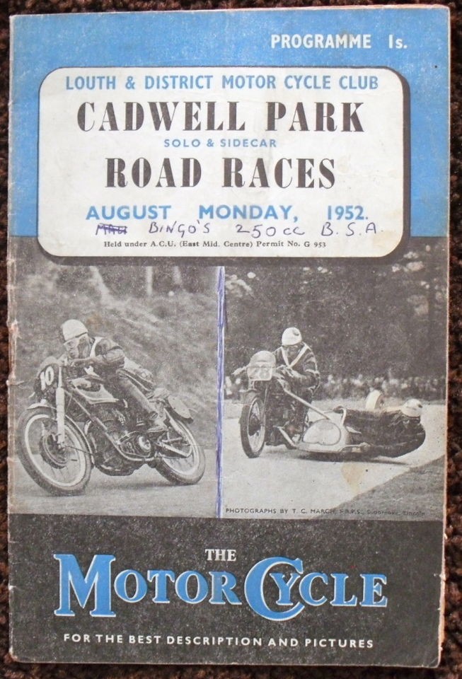 CADWELL PARK SOLO & SIDECAR MOTORCYCLE RACE PROGRAMME AUG 1952