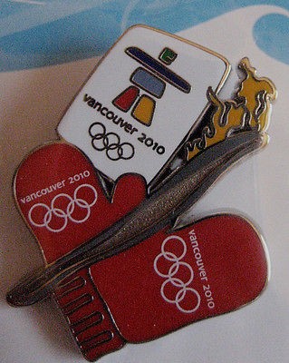 Vancouver 2010 Olympics red mitten & torch pin backstamped