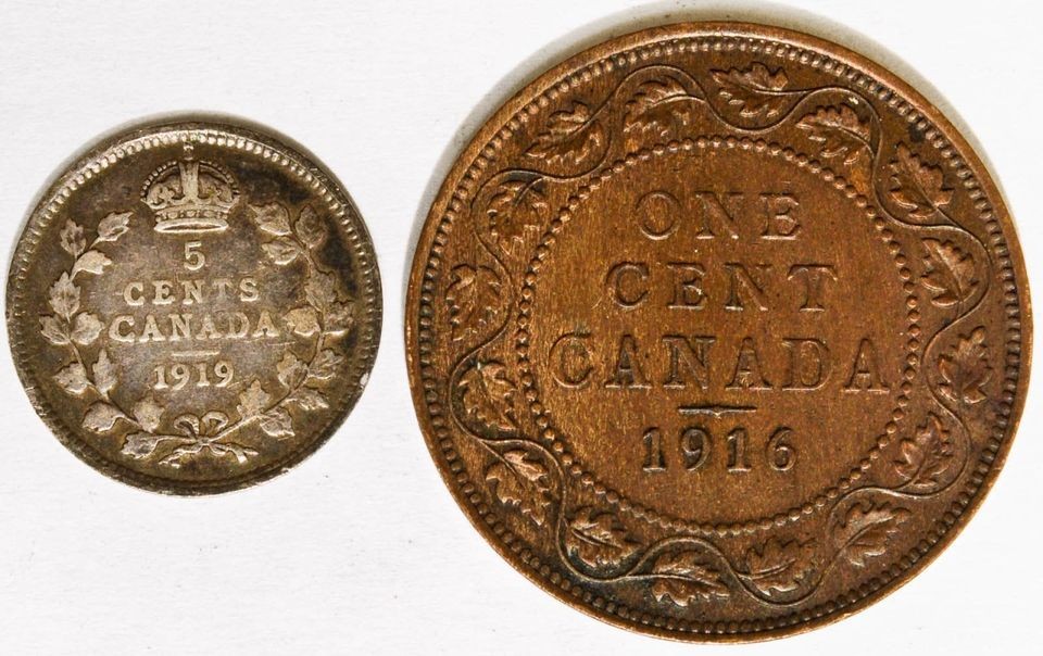 1919 Canada 5 Cent & 1916 Canada One Cent Both are Very Nice Coins