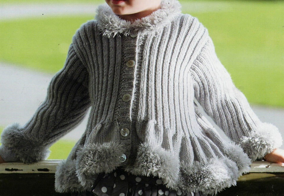   Long Peplum Ribbed Jacket Cardigan Fur Trim Pattern TO KNIT in DK