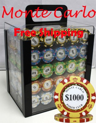 1000 14G MONTE CARLO POKER CHIPS SET ACRYLIC CASE 3TONE NEW