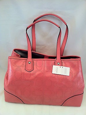 COACH F19681 Carly Perforated Logo Leather Handbag Coral Color Retail 