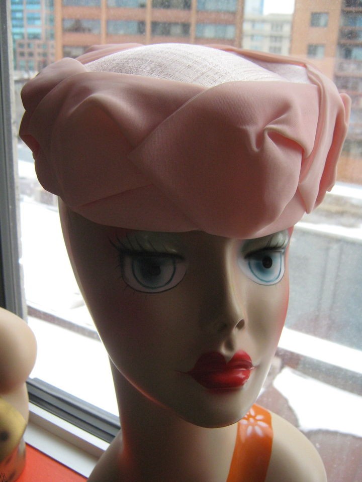 SALE VINTAGE PILLBOX HAT   PALEST PINK LINEN & TWISTED CHIFFON