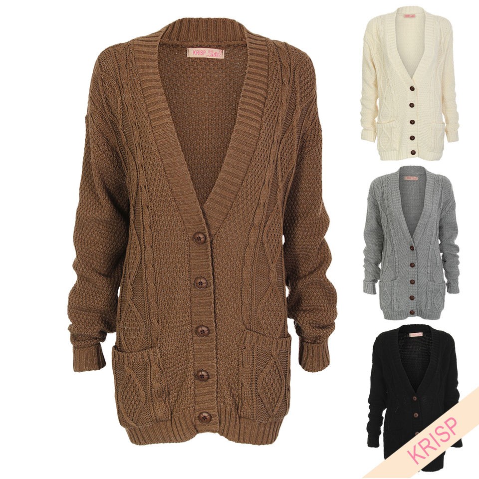 Women Chunky Cable Knit Cardigan Slouch Oversized Long Aran Grandad 