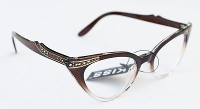   VINTAGE RHINESTONES CAT EYE BROWN FRAME WOMEN CLEAR EYEGLASSES GLASSES