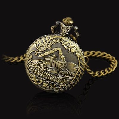 Bronze carven train embossed railway mens boys pocket watch free chain 