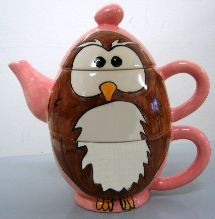 Hand Painted Personalised Ceramic Owl Tea for One Teapot and cup gift 