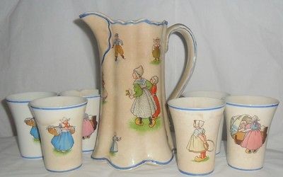 Harker Pottery Pitcher & Six Tumblers Circa 1890 Semi~Porcelain Dutch 