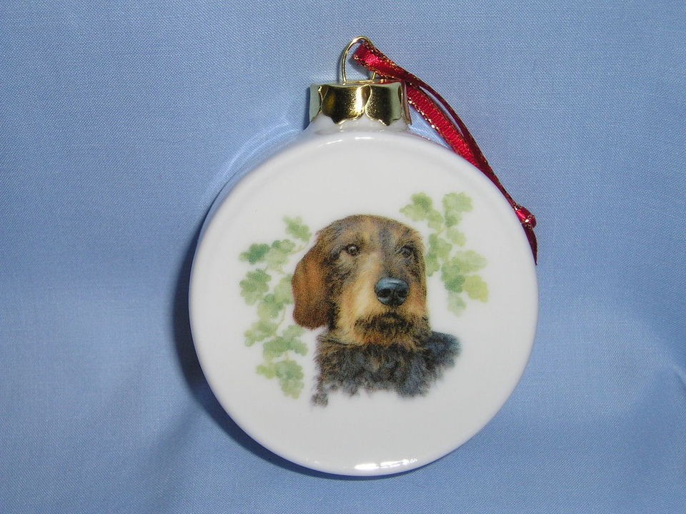 Dachshund Wirehaired Dog Porcelain Christmas Tree Drum Ornament Fired 