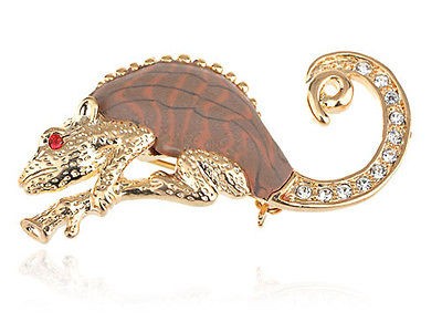 Brown Fimo Clay Body Skin Golden Chameleon Animal Costume Jewelry Pin 