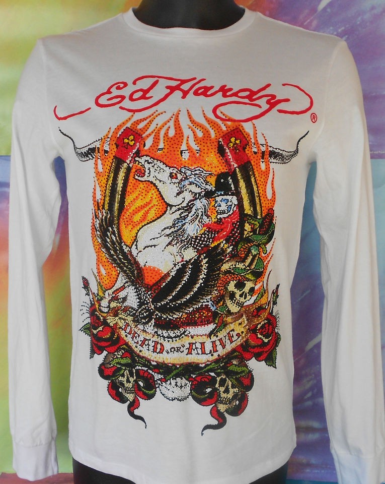 Ed Hardy By Christian Audigier Dead Or Alive Mens Rhinestone White T 