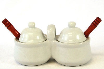 White Ceramic Double Condiment Caddy With Spoons