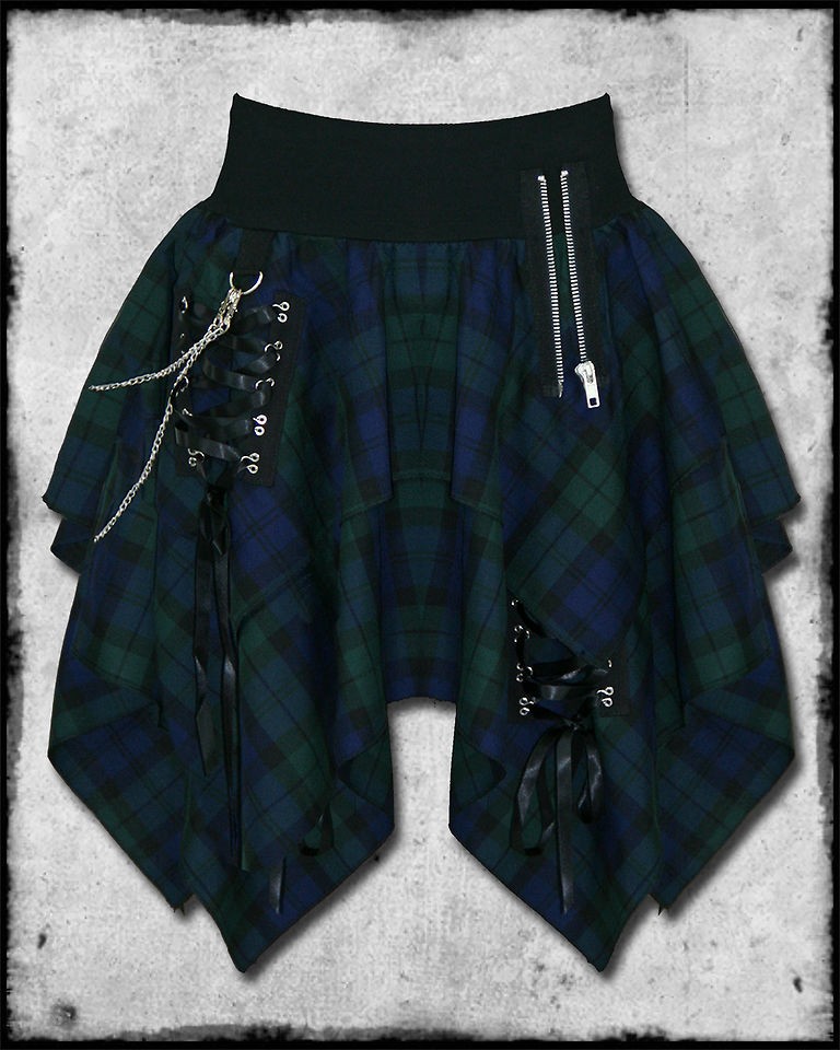 HELL BUNNY GREEN BLUE TARTAN PLAID GOTH PUNK CHAIN CORSET ZIP UNEVEN 