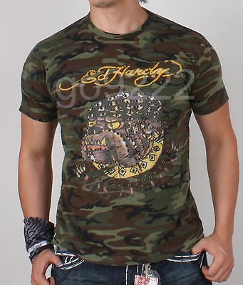 NWT Mens Ed hardy Bulldog Camo Kaki Slim Fit S/S Tee / Size S,L 