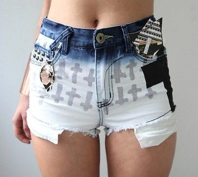 FESTIVAL EMBROIDERY CROSS STUDDED DIP DYE CUT OFF DENIM SHORTS 7 8 10 