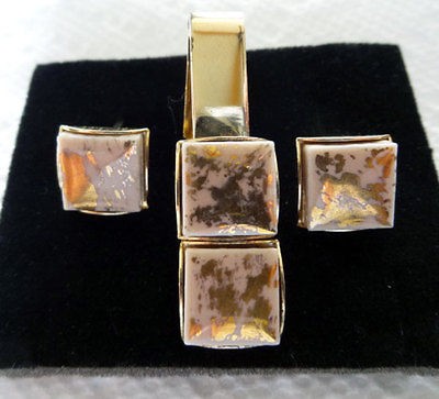   Porcelain Tile w GOLD Spalsh CUFF LINKS Tie Bar Set Signed Pat 2853761