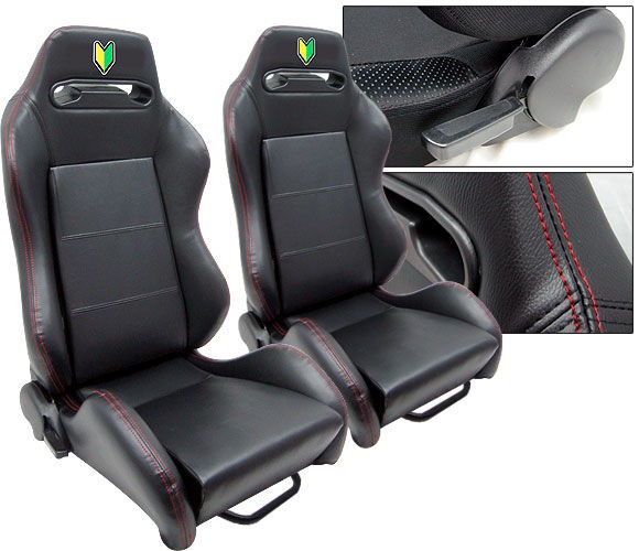 NEW 2 BLACK LEATHER + RED STITCH & LOGO RACING SEATS RECLINABLE ALL 