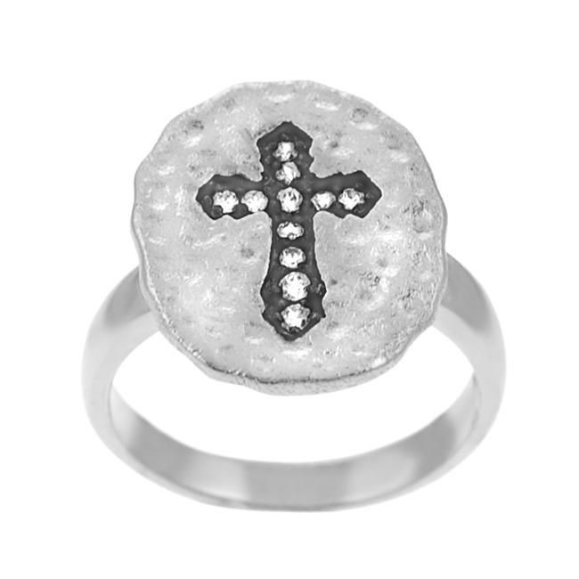 Tressa Sterling Silver CZ Cross on Matte Finish Ring