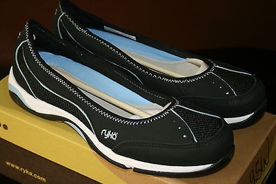 Ryka Leather and Mesh Slip on Skimmers Shoes Black/Blue 12 W