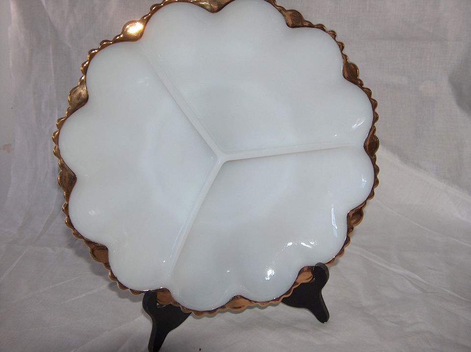 Milk glass relish tray with gold trim