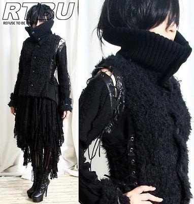 Black Ghost Gothic Punk Turtle Neck Furry Tuxedo Train Coat corset 