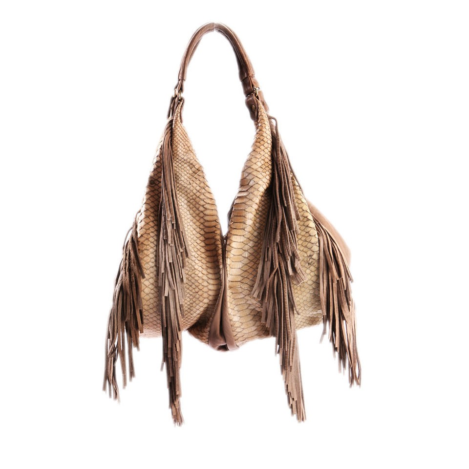 ABACO PARIS Drapy Fringed Shoulder Bag in Sable Python Skin