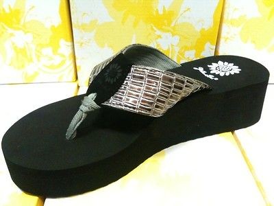 NEW Yellow Box Wedge Flip Flop DARA PEWTER Grey Black Base Croc Animal 