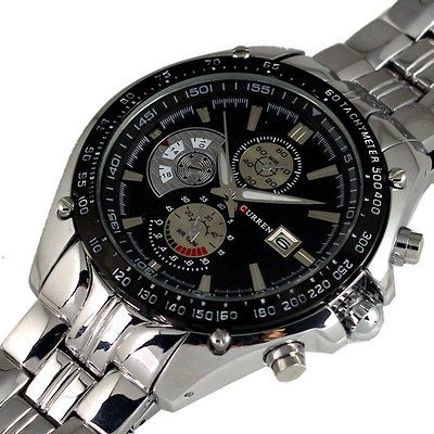 PLUSH WATER QUARTZ HOUR DIAL DATE BLACK CLOCK SPORT MEN STEEL WRIST 