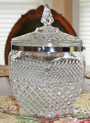   Vintage Glass Ice Bucket with Decorative Silver Metal Trim and Lid