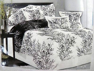 Queen 7 PIECE COMFORTER BEDDING ENSEMBLE SET Black & White Trees 