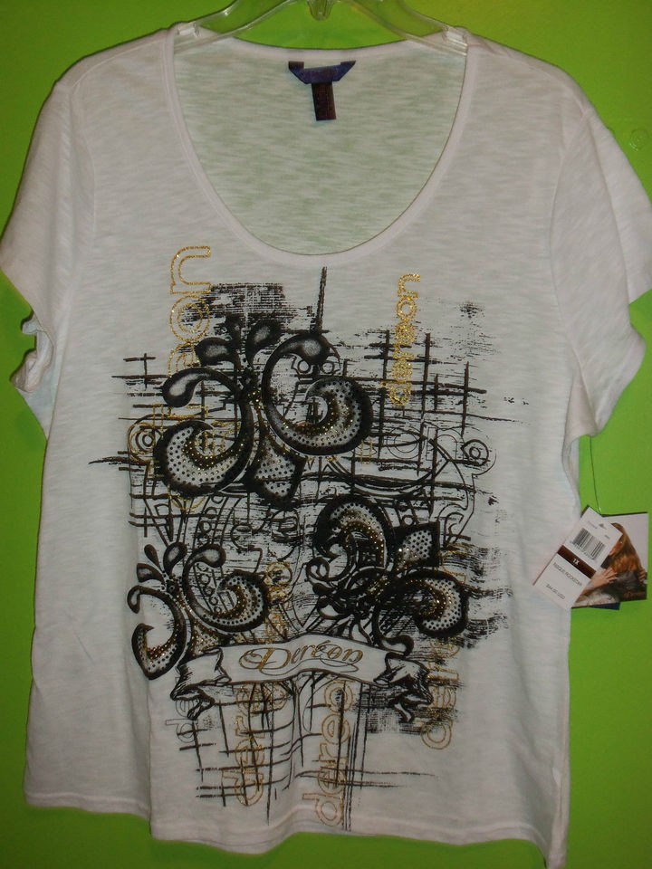 NWT Womens Dereon Plus Size White Top w/ Designs  1X & 2X  Risque 