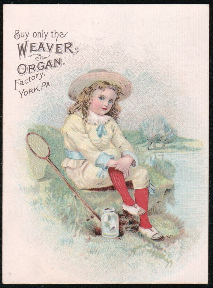 Weaver Organ & Piano Co Child Fishing Net Vintage Victorian Trade Card 