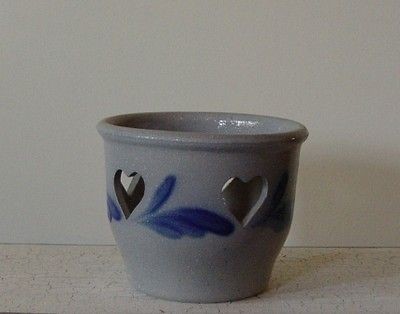 SALMON FALLS STONEWARE SALT GLAZE POTTERY WITH COBALT BLUE CANDLE 