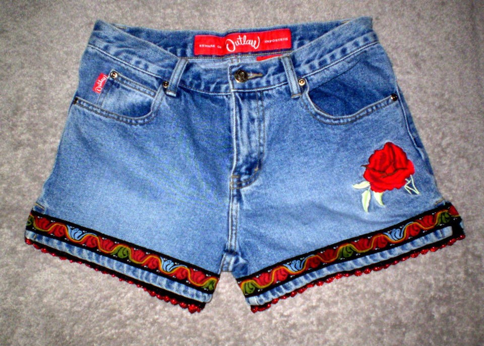 VINTAGE RETRO 80s DENIM BLUE JEAN SEQUIN FLOWER EMBROIDERED BEADED 